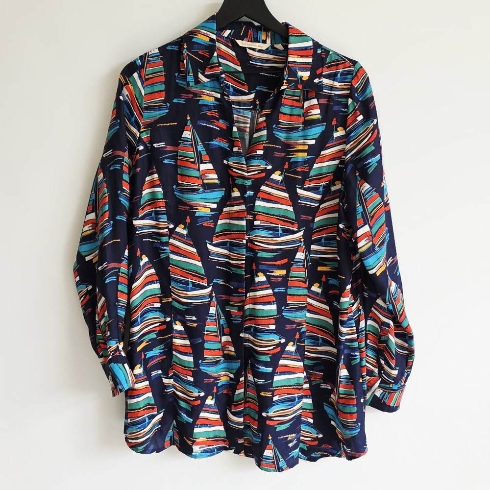 Soft Surroundings Nautical Sailboat Novelty Print Button Up Shirt Women's Size M